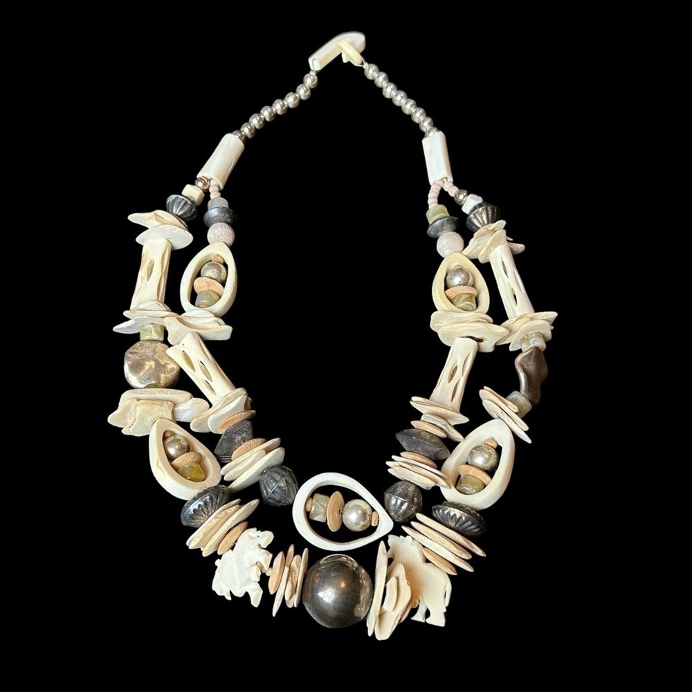 Bone Metal Stone Bead Vintage Two Tier Necklace Carved Lions Bone Hook Closure